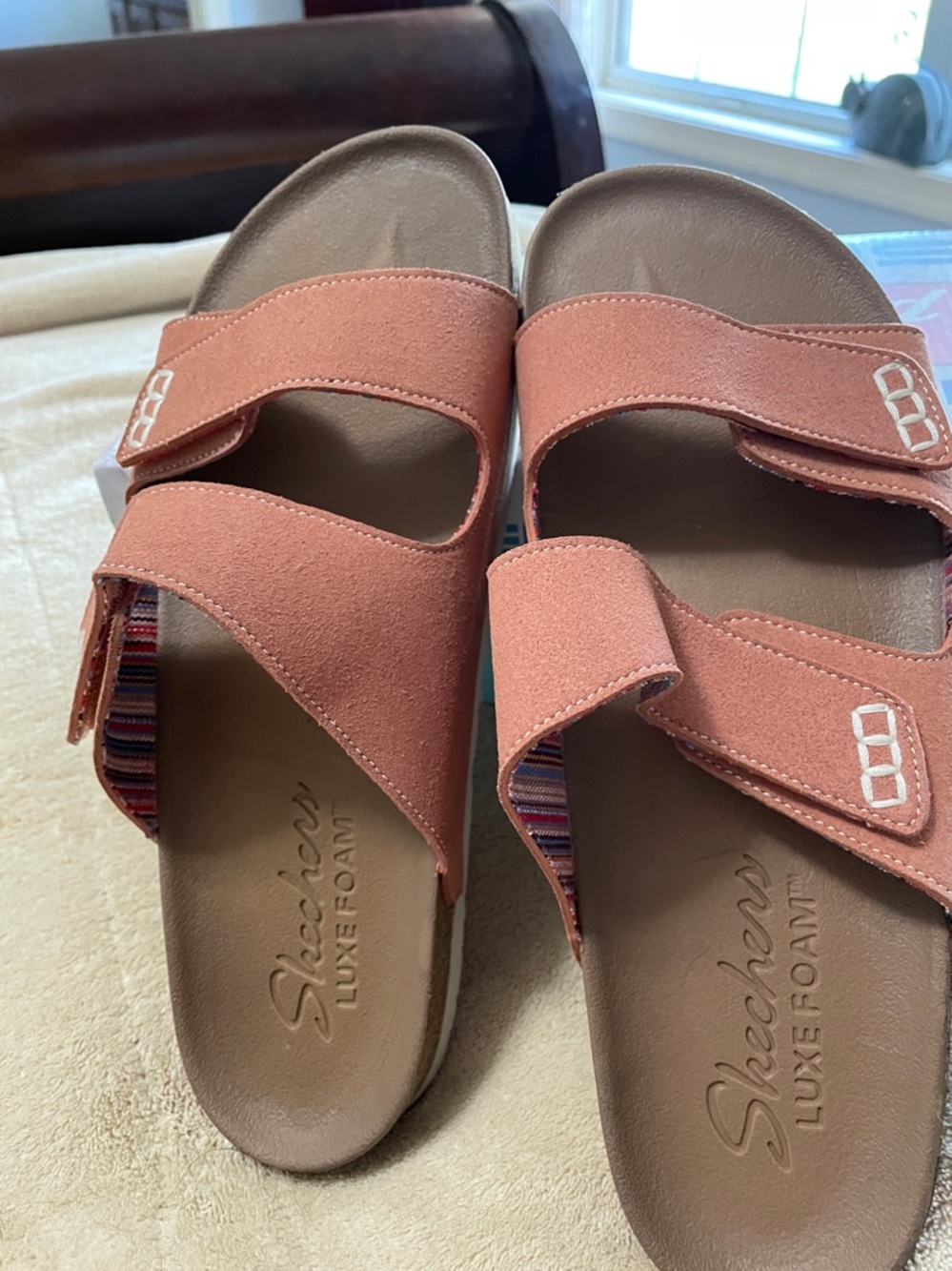 Skechers Coral-Red Dual Strap Slide Sandals